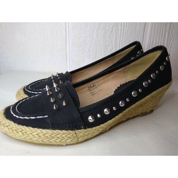 Yoki Holly Womens Black Vegan Wedge Heel Espadrille Metal Spikes Slip On Shoe 7 - Picture 3 of 8